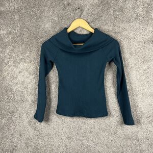 Madewell Shirt Womens Small Teal Blue Cowl Neck Long Sleeve Ribbed Pullover